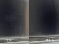 Before and after comparison of a scratched acrylic surface. The "before" shows many scratches, proving acrylic can scratch easily. The "after" shows a smooth, clear surface.