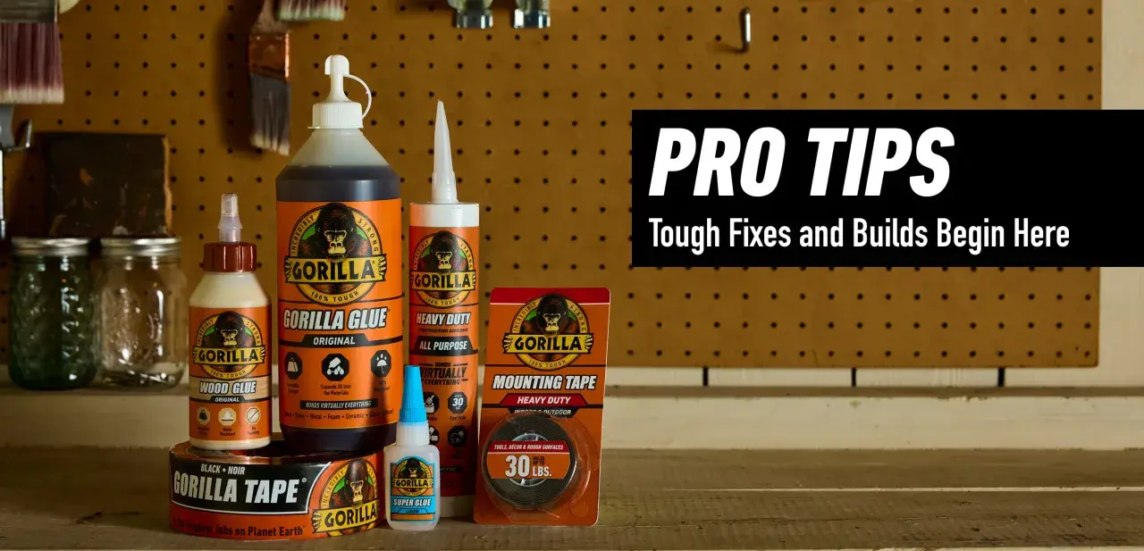 A collection of Gorilla Glue products, including wood glue, original glue, heavy duty construction adhesive, super glue, mounting tape, and black tape, displayed as a guide for tough fixes.