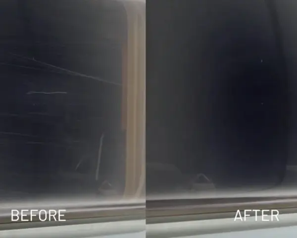 Before and after comparison of a scratched acrylic surface. The "before" shows many scratches, proving acrylic can scratch easily. The "after" shows a smooth, clear surface.