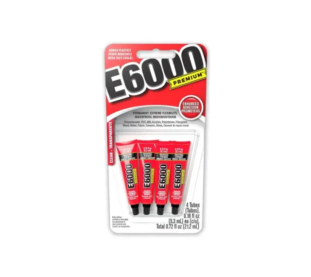E6000 Premium adhesive bonds plastics like Polycarbonate, PVC, and ABS. This package contains four tubes of clear, industrial-strength contact adhesive.
