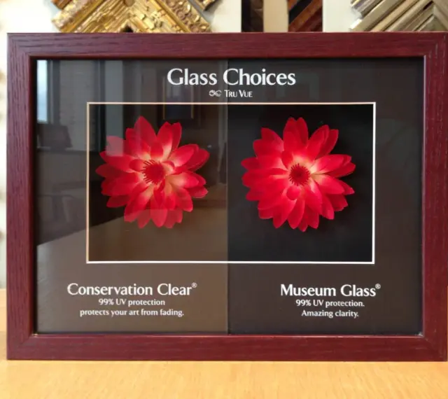 Comparing plexiglass vs glass frame options for art protection. The left shows Conservation Clear, the right Museum Glass, both with red flowers.