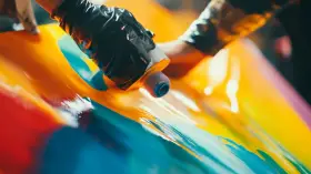 Hands in black gloves apply vibrant acrylic paint to a glossy surface, demonstrating how to paint acrylic plastic with a fluid art technique.
