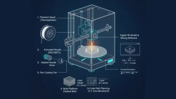 Diagram illustrating how a fdm printer works, showing filament spool, heated nozzle, build platform, and software.