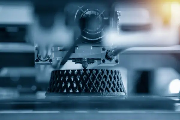 Close-up of an advanced 3D printing machine creating a complex, lattice-like object layer by layer.
