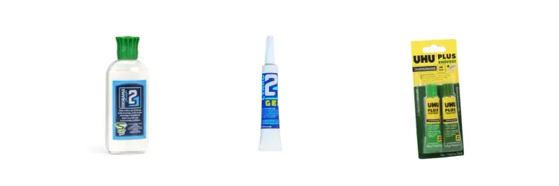 Three glues for models: a bottle of "DIORAMA super glue," a tube of "2 GEL," and a UHU PLUS ENDFEST epoxy kit.