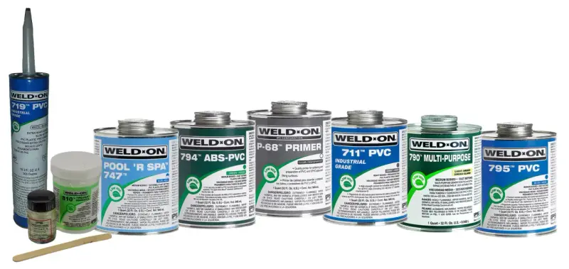 A collection of Weld-On PVC cements and primers, including a tube of 719™ PVC Industrial Grade, cans of Pool 'R Spa 747™, 794™ ABS-PVC, P-68™ Primer, 711™ PVC Industrial Grade, 790™ Multi-Purpose, and 795™ PVC.