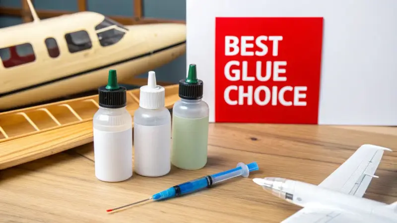 Three bottles of model glue and a syringe sit on a wooden surface next to model airplanes. A red sign reads "BEST GLUE CHOICE.
