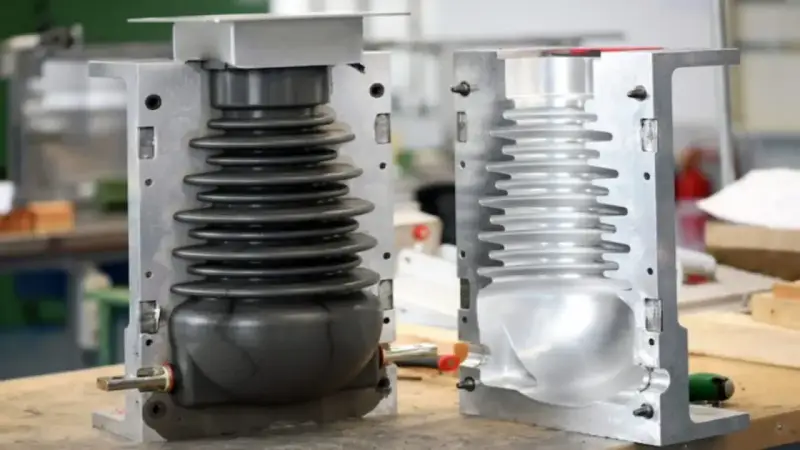 Two halves of a mold for compression molding products, one showing a black bellows-like component, the other an empty cavity.